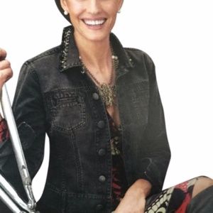 CAbi #187 Black Jean Distressed Embellished Beads Moto Denim Jacket XL